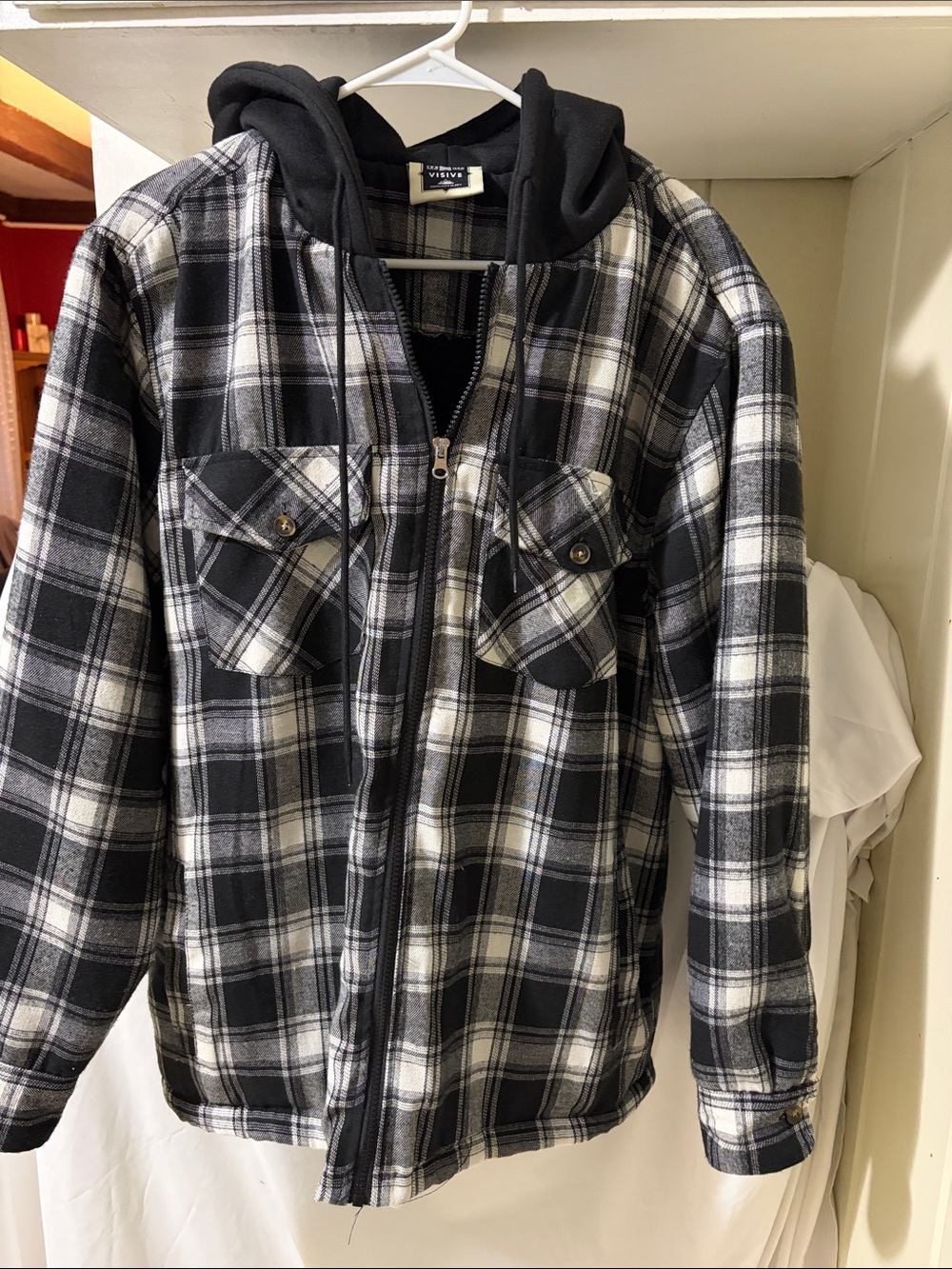 Black & White Plaid, Hooded Zip Shirt Jacket by Visive